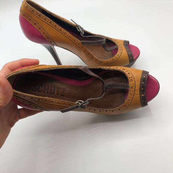 Schutz Tan Pink Leather Mary Jane T-Strap Peep Toe Stiletto Heels Women’s Size 6 - Picture 10 of 12